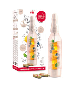 Sparkling beverage system with bottles and packaging on a white background